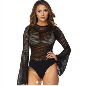 Black fishnet bell sleeve bodysuit